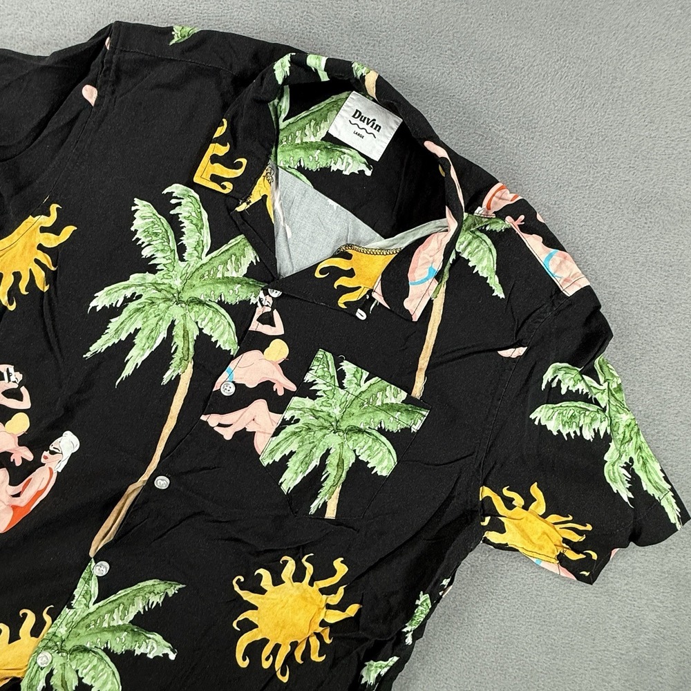 Duvin Shirt Mens Large Black Hawaiian Rayon Floral Loop Collar Sun Bathing Women